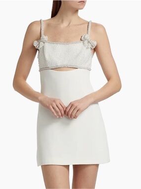 NWT Self-Portrait white crepe pearl bow mini dress